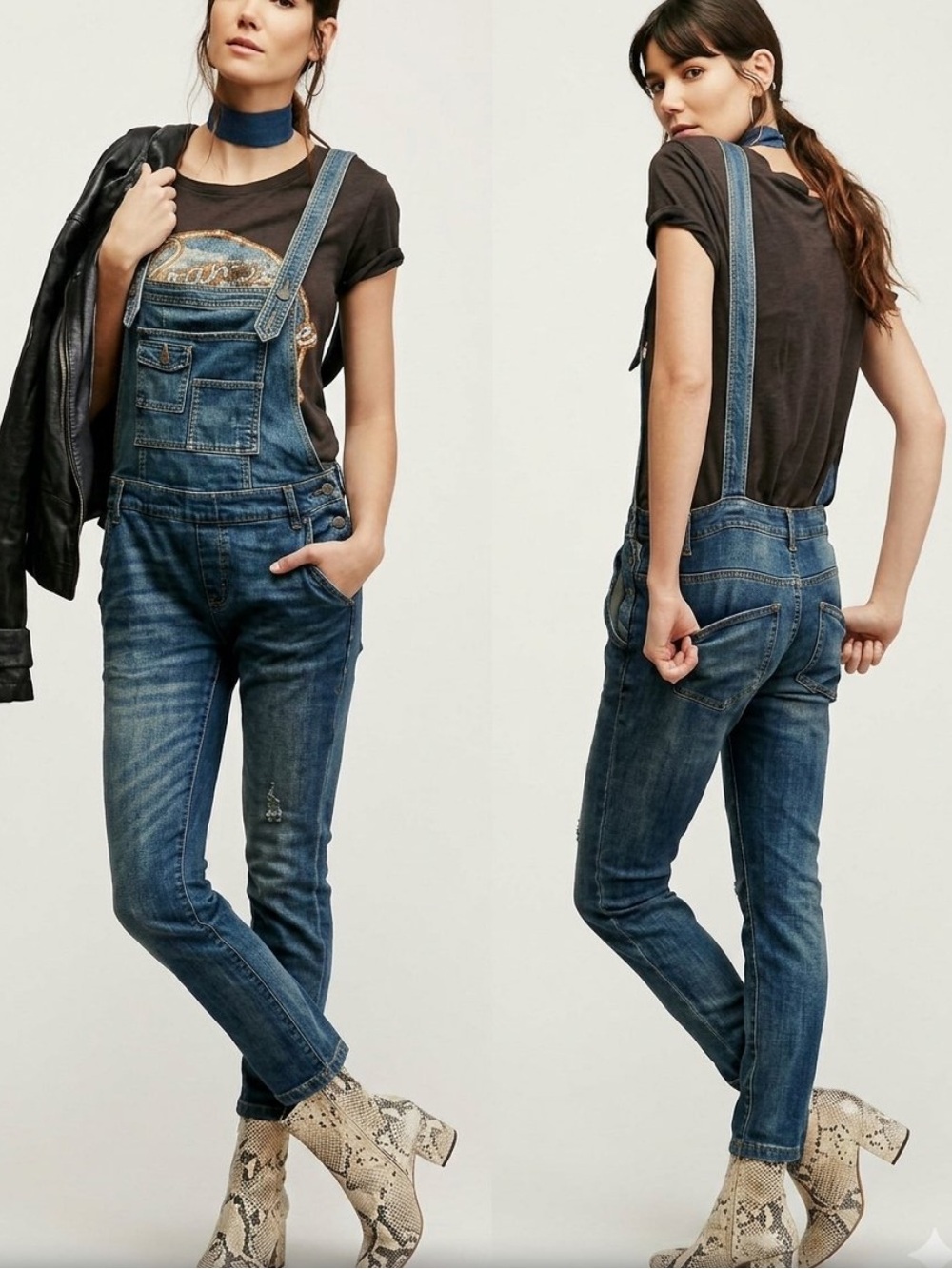 Free People Milo Washed Blue Distressed Slim Denim Overalls. Size 26